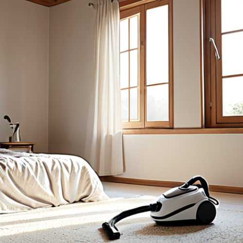 Home 14 **A clean, bright home interior scene. Focus on sunlight streaming through an open window, illuminating dust particles in the air. Include a HEPA filter vacuum cleaner in the background and freshly laundered bedding with allergen-resistant covers.** (Showcases strategies to reduce allergens – cleaning, ventilation, protective covers.)