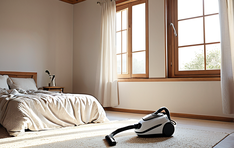 **A clean, bright home interior scene. Focus on sunlight streaming through an open window, illuminating dust particles in the air. Include a HEPA filter vacuum cleaner in the background and freshly laundered bedding with allergen-resistant covers.** (Showcases strategies to reduce allergens – cleaning, ventilation, protective covers.)