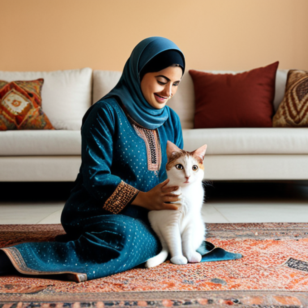**Prompt:** "A cozy living room scene, family-friendly, showcasing a fully clothed woman in modest, traditional Arabic dress, playing gently with a fluffy, well-groomed cat. The room is decorated in warm, inviting tones with Arabic-inspired patterns. Safe for work, appropriate content, perfect anatomy, correct proportions, natural pose, professional photography, high quality, indoor setting."