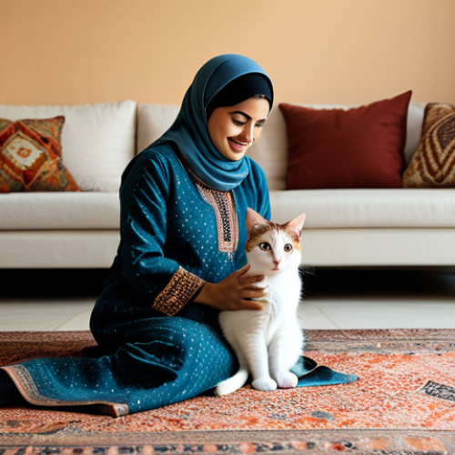 Home 9 **Prompt:** "A cozy living room scene, family-friendly, showcasing a fully clothed woman in modest, traditional Arabic dress, playing gently with a fluffy, well-groomed cat. The room is decorated in warm, inviting tones with Arabic-inspired patterns. Safe for work, appropriate content, perfect anatomy, correct proportions, natural pose, professional photography, high quality, indoor setting."