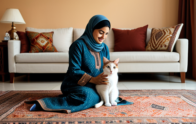 **Prompt:** "A cozy living room scene, family-friendly, showcasing a fully clothed woman in modest, traditional Arabic dress, playing gently with a fluffy, well-groomed cat. The room is decorated in warm, inviting tones with Arabic-inspired patterns. Safe for work, appropriate content, perfect anatomy, correct proportions, natural pose, professional photography, high quality, indoor setting."